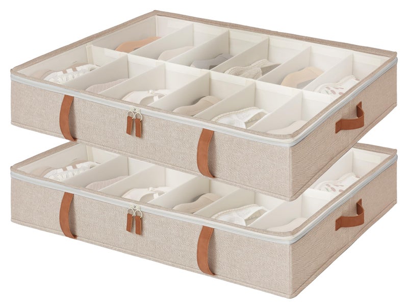 StorageWorks Shoe Organizer Under Bed for Closet 2Pack Ultrathick Fabric Shoe Storage Containers with Bottom Support and Adjustable Dividers Fits up to 24 Pairs Brown
