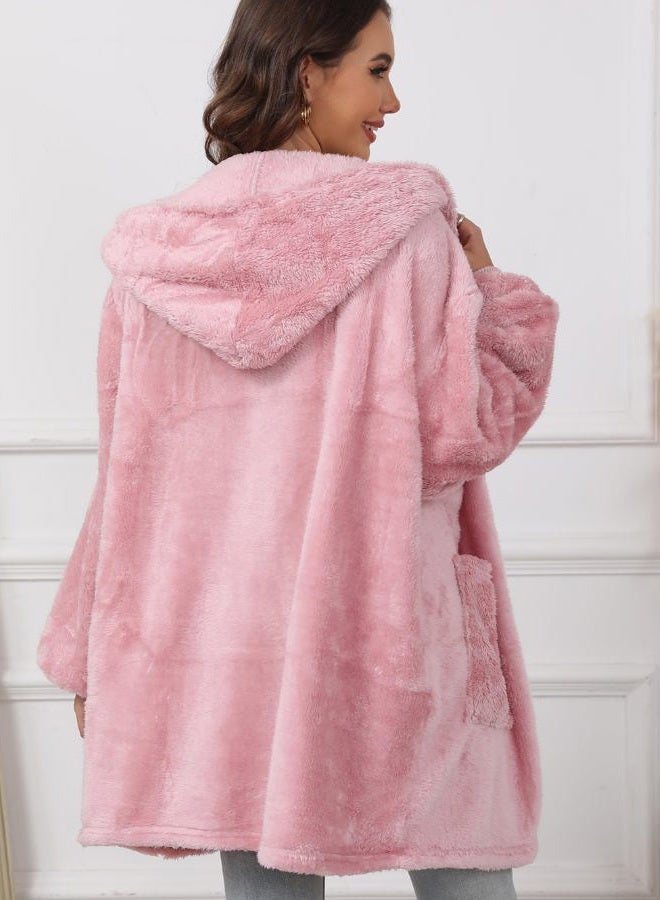 Argstar Women's Pink Fleece Hooded Cardigans, Oversized Wearable Blanket Hoodie Jacket Winter Coats with Pockets - Image 3