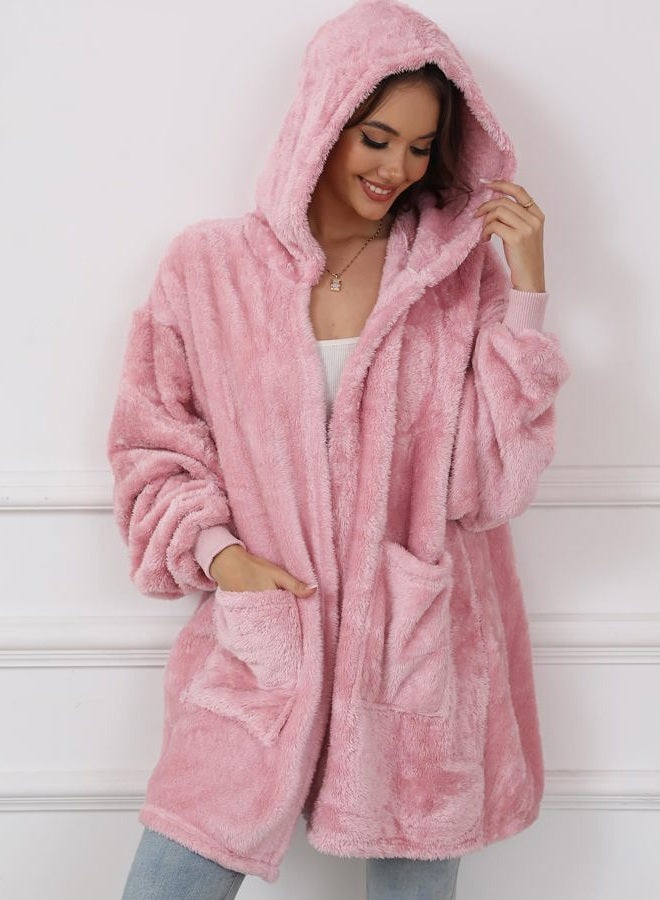 Argstar Women's Pink Fleece Hooded Cardigans, Oversized Wearable Blanket Hoodie Jacket Winter Coats with Pockets - Image 2