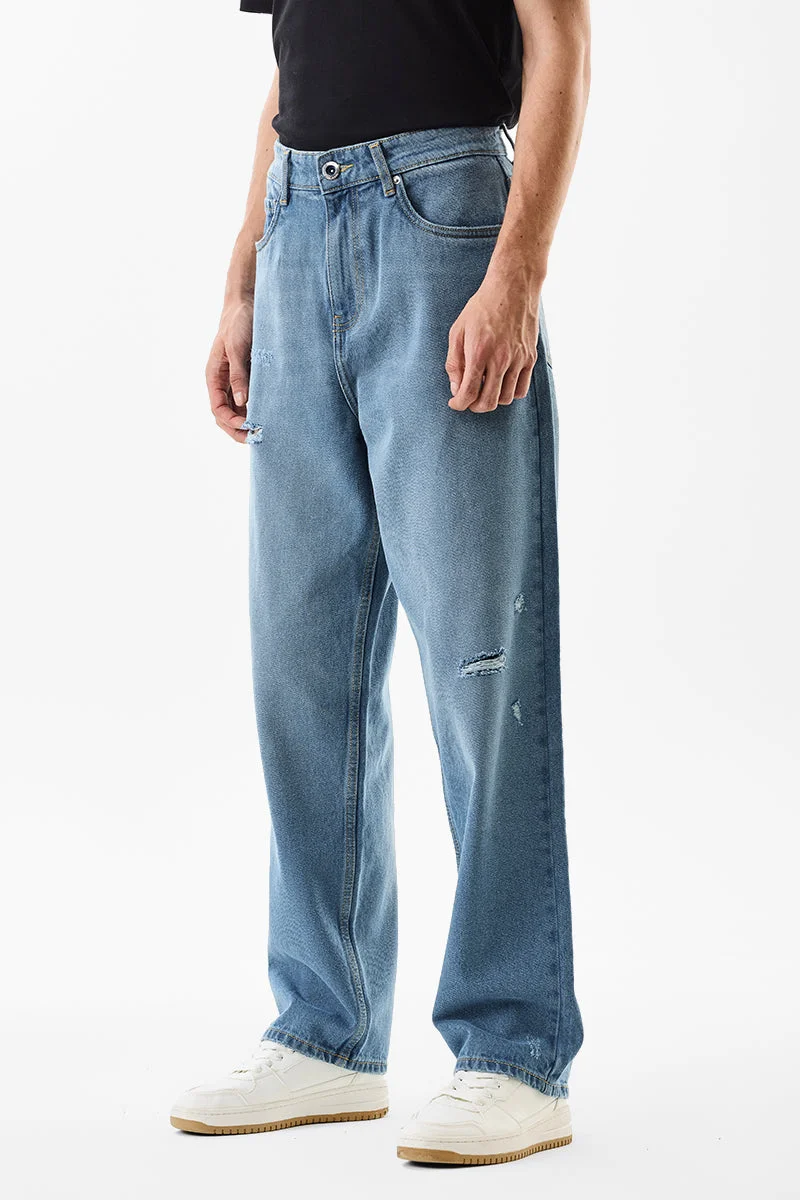 سنيتش Blue Solid Loose Fit Streetwear Jeans