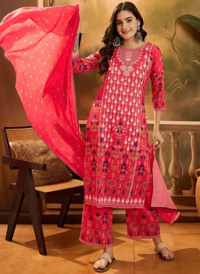 AKS  Floral Printed Red Kurta Set for Women for Women | Best Price UAE