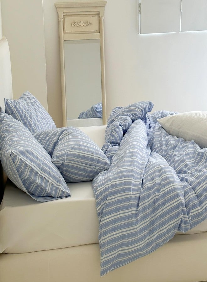 LifeTB Striped Duvet Cover Set Queen, 100% Washed Cotton Blue White Stripes Pattern Printed Comforter Cover, 3 Pieces Farmhouse Striped Bedding Set Breathable Duvet Cover with 2 Pillowcases - Image 1