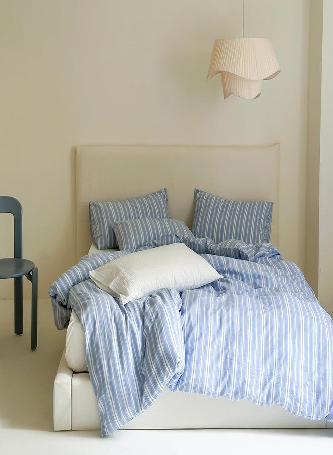 LifeTB Striped Duvet Cover Set Queen, 100% Washed Cotton Blue White Stripes Pattern Printed Comforter Cover, 3 Pieces Farmhouse Striped Bedding Set Breathable Duvet Cover with 2 Pillowcases - Image 2