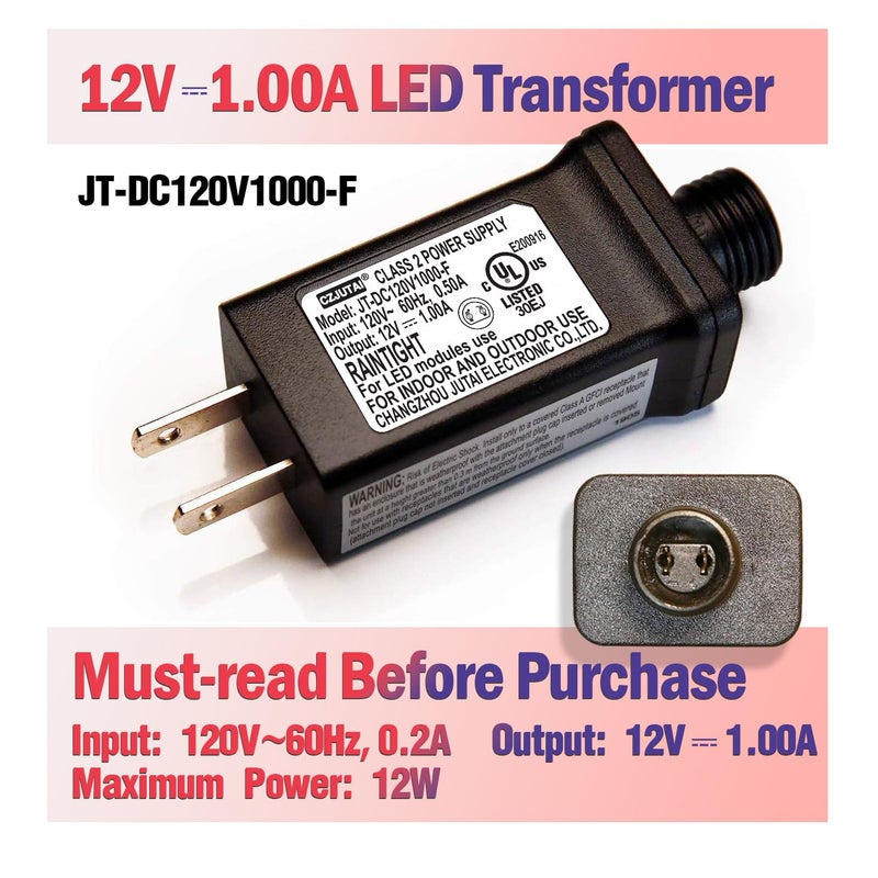 TYBEEU 12V LED Christmas Tree & Strip Light Adapter – Class 2 Power Supply (JT-DC120V1000-F), UL Listed for US Standards. Designed for 12V Output Devices. See Details for More Compatible Models. - Image 4