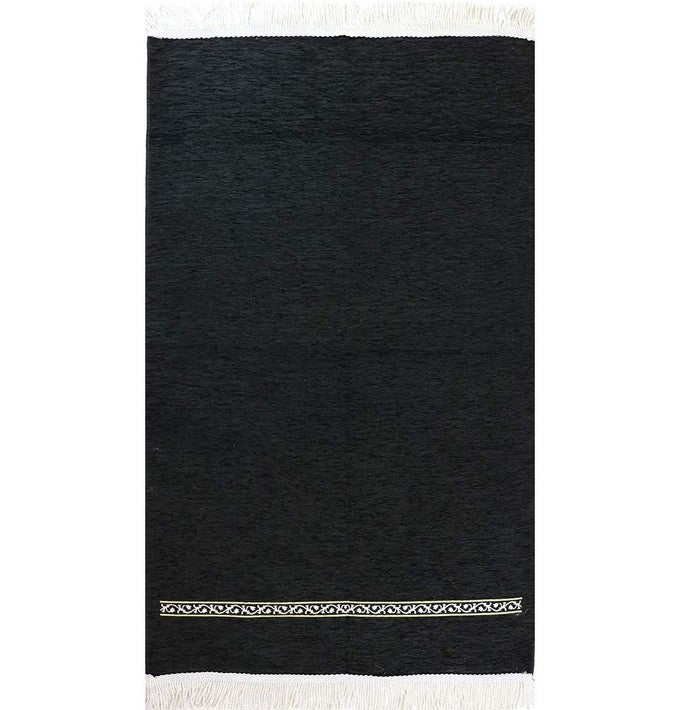 TURKISH ISLAMIC PRAYER RUG CHENILLE PRAYING MAT SAJADA FOR MEN AND WOMEN TRADITIONAL MUSLIM PRAYING CARPET JANAMAZ RAMADAN OR EID GIFT LUXURY WOVEN MECCAN BLACK SIMPLE
