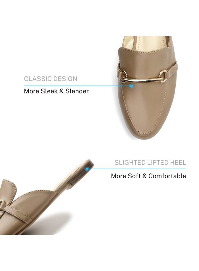 MUSSHOE Gold Buckle Mules for Women - Comfortable Memory Foam Loafers, Classy Slip On Flats for Office Business Casual, Dressy Pointed Toe Shoes, Dark Beige Pu, 8 - Image 2