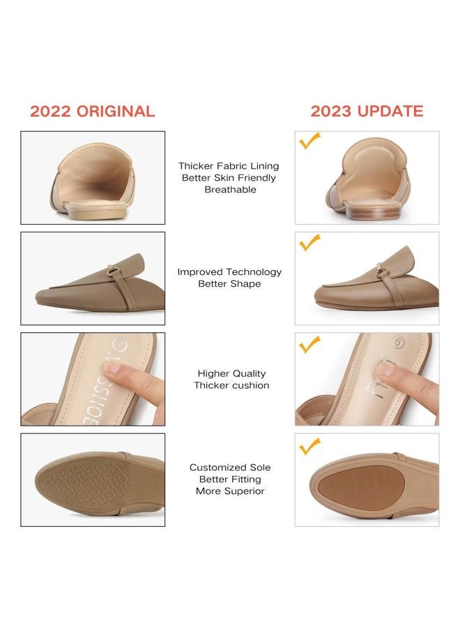 MUSSHOE Gold Buckle Mules for Women - Comfortable Memory Foam Loafers, Classy Slip On Flats for Office Business Casual, Dressy Pointed Toe Shoes, Dark Beige Pu, 8 - Image 5