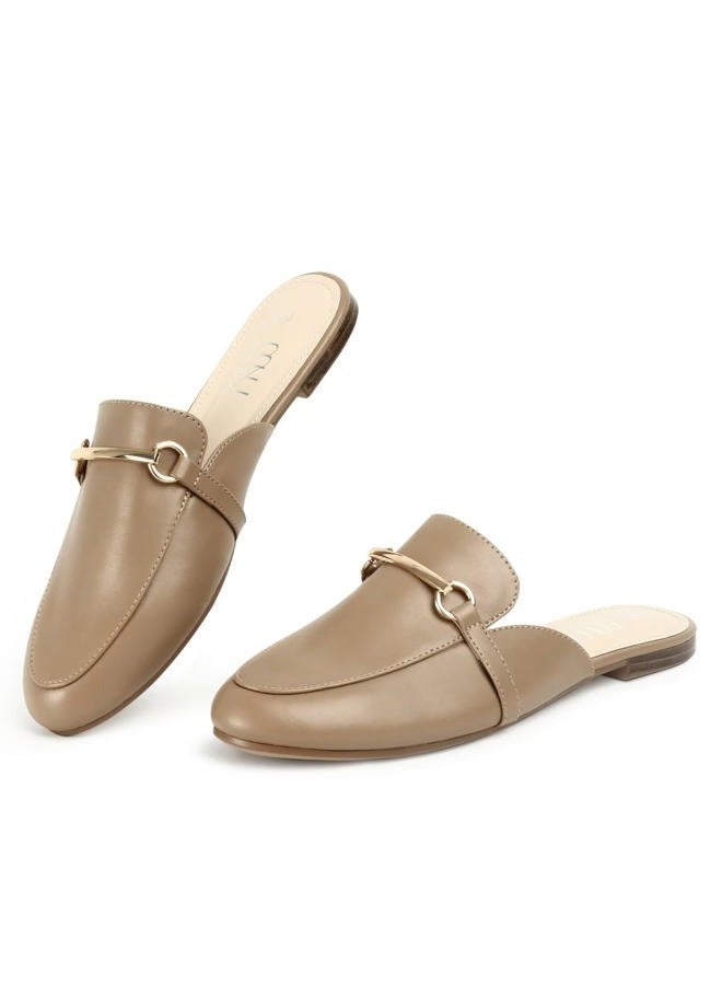 MUSSHOE Gold Buckle Mules for Women - Comfortable Memory Foam Loafers, Classy Slip On Flats for Office Business Casual, Dressy Pointed Toe Shoes, Dark Beige Pu, 8 - Image 1