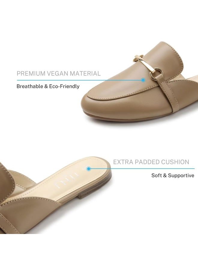 MUSSHOE Gold Buckle Mules for Women - Comfortable Memory Foam Loafers, Classy Slip On Flats for Office Business Casual, Dressy Pointed Toe Shoes, Dark Beige Pu, 8 - Image 3
