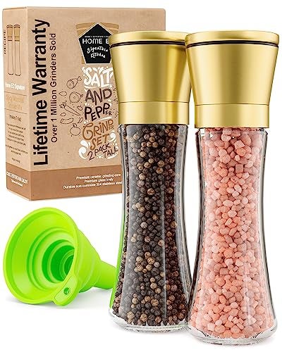 Home EC Original Gold Salt and Pepper Grinder Set of 2 Adjustable Ceramic Grinder Tall Glass Salt and Pepper Shakers With Funnel and Ebook Kitchen Spice Mill Gold Kitchen Accessories - Image 1