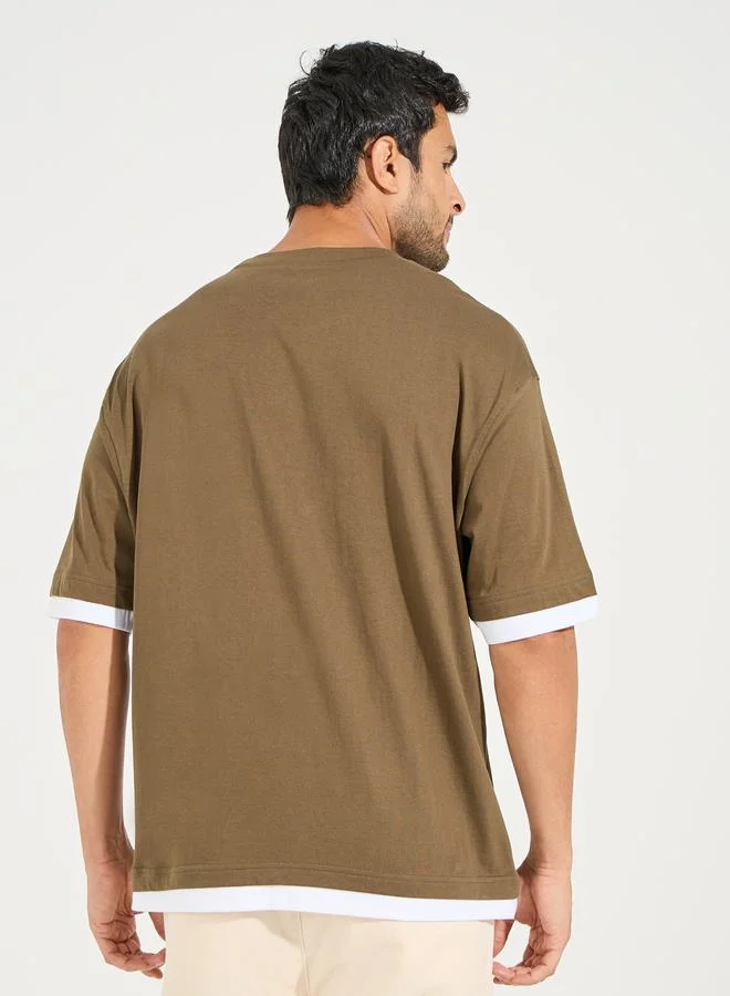 Styli Contrast Panel Oversized T-Shirt with Badge Detail