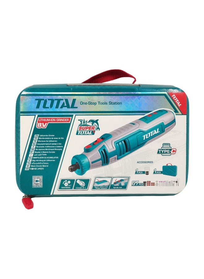 TOTAL TMGLI0801 8V Cordless Lithium-Ion Rotary Grinder Kit, 5-Speed (5000-28000 RPM), Type-C Charging, 20cm Length, 67 Pcs Accessories Set for DIY Crafting, Engraving, and Polishing - Image 3