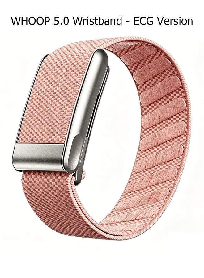 Nylon Sports Strap with Whoop 5.0 Strap - Compatible with One & Peak - Breathable Nylon Adjustable Waterproof Replacement Wrist Strap - For Fitness, Activity, Sleep, Wearables - For Whoop 5.0 - Cherry Blossom Pink/Titanium Frame/Electrocardiogram Model