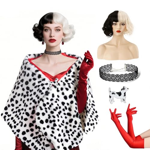Cosrea Women Halloween Costume Black and White Spotted Dog Shawl Faux Stole for Adult - Image 1