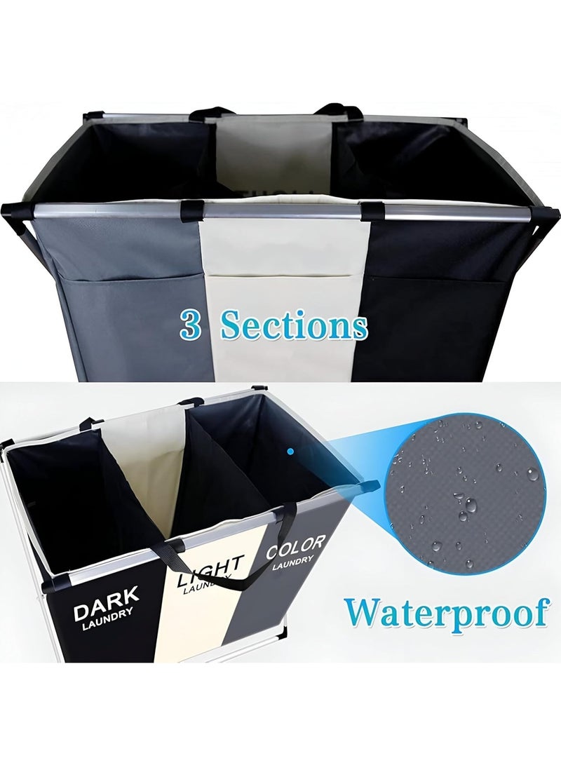 Multi-Section Laundry Organizer with 3 Compartments – Foldable Clothes Sorting Hamper for Light and Dark Laundry with Waterproof Oxford Fabric Bags and Reinforced Aluminum Frame, Ideal for Home, Apartment, Bathroom and Dorm Room - Image 2