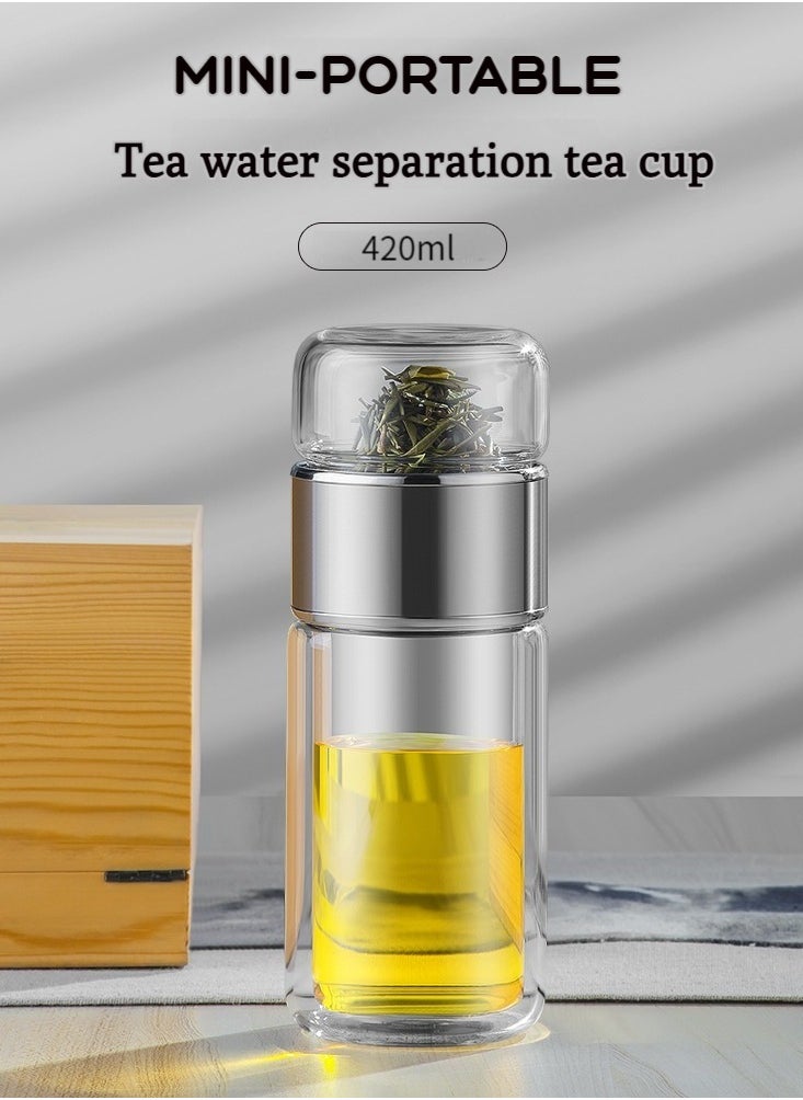 XiuWoo - 420ml tea infuser bottle,  double layer stainless steel leakage proof glass water bottle travel water separation tea bottle mug cup for office travel home,silver - Image 1