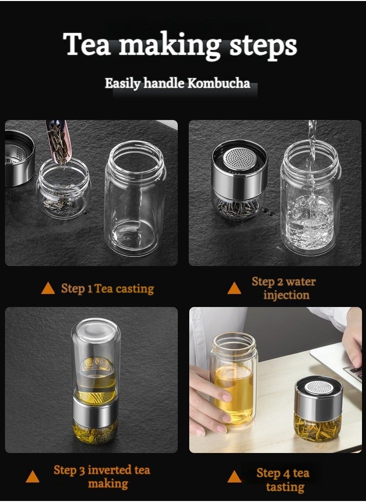 XiuWoo - 420ml tea infuser bottle,  double layer stainless steel leakage proof glass water bottle travel water separation tea bottle mug cup for office travel home,silver - Image 1