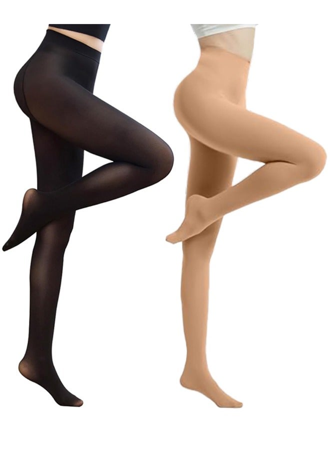 VUCATIN 2Pack Oily Gloss Tights High Waist Sheer Women Pantyhose 360° Seamless Sheer Girls Stockings Women Tights with 3D Soft Top Footed Run Resistant for Daily Wear, One Size Beige Black - Image 1