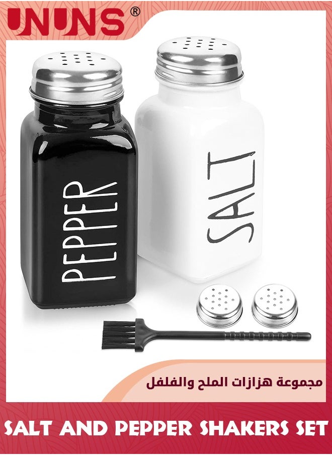 UNUNS Salt And Pepper Shakers Set,2 Pack Glass Shaker With Stainless Steel Lid,Modern And Cute Farmhouse,Black And White  - Image 1