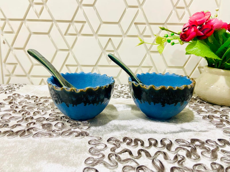 ALTAICA Ceramic Bowls with Spoons Set of 2, Serving for Soup, Dessert, Dish Dishwasher & Microwave Safe, 250 ML - Blue Handcrafted Dual Glazed Studio Pottery Cutting Design - Image 1