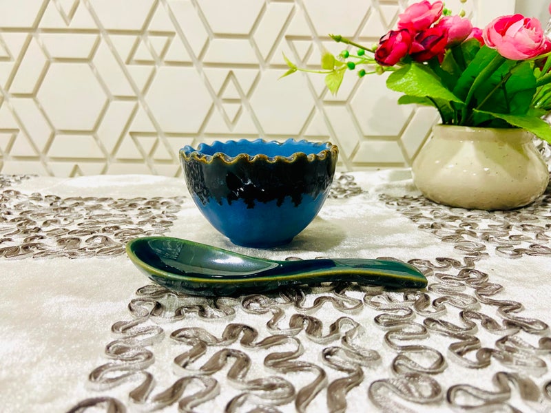 ALTAICA Ceramic Bowls with Spoons Set of 2, Serving for Soup, Dessert, Dish Dishwasher & Microwave Safe, 250 ML - Blue Handcrafted Dual Glazed Studio Pottery Cutting Design - Image 4