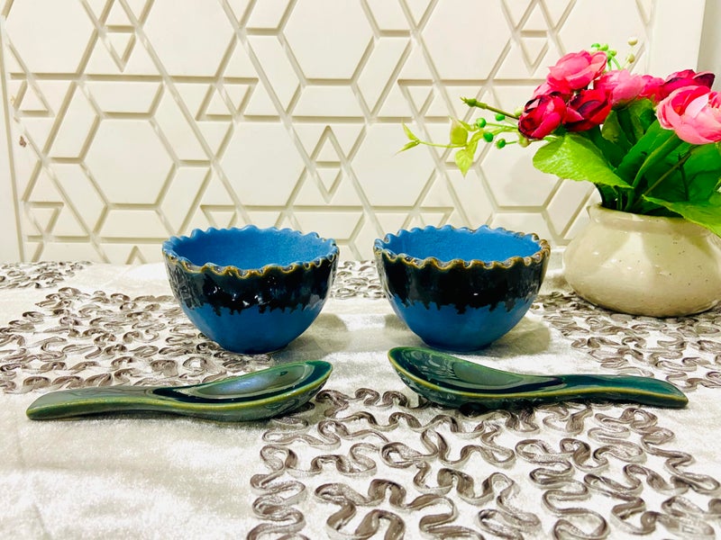 ALTAICA Ceramic Bowls with Spoons Set of 2, Serving for Soup, Dessert, Dish Dishwasher & Microwave Safe, 250 ML - Blue Handcrafted Dual Glazed Studio Pottery Cutting Design - Image 2