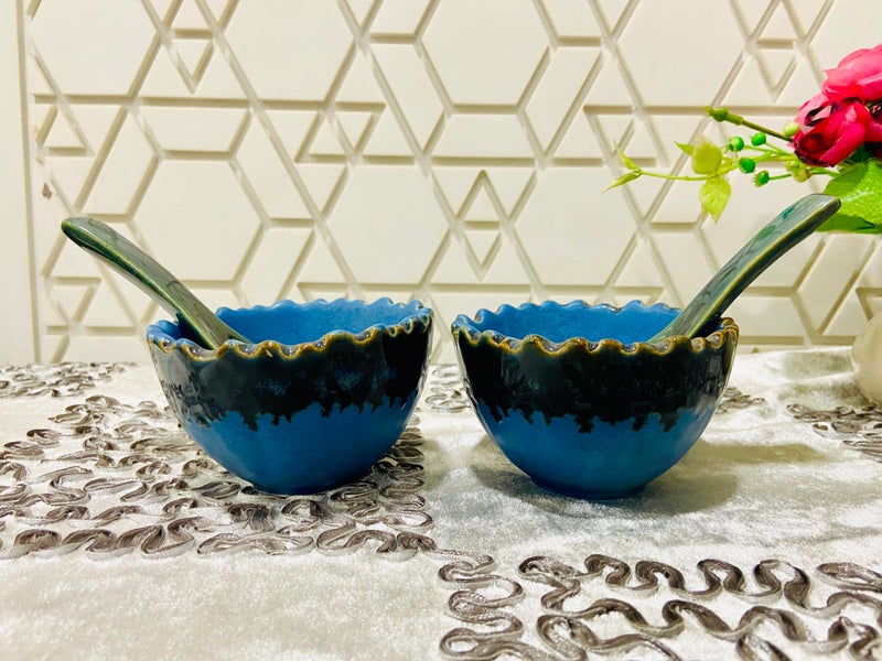 ALTAICA Ceramic Bowls with Spoons Set of 2, Serving for Soup, Dessert, Dish Dishwasher & Microwave Safe, 250 ML - Blue Handcrafted Dual Glazed Studio Pottery Cutting Design - Image 3