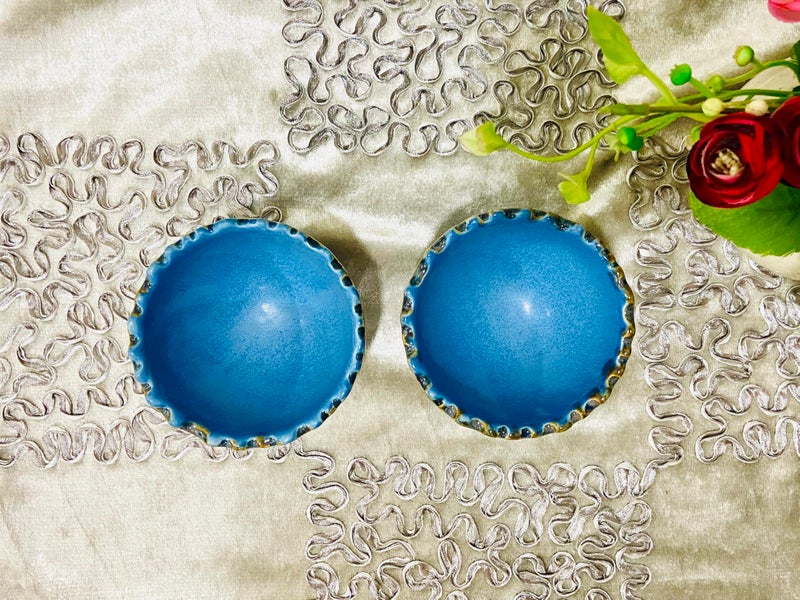 ALTAICA Ceramic Bowls with Spoons Set of 2, Serving for Soup, Dessert, Dish Dishwasher & Microwave Safe, 250 ML - Blue Handcrafted Dual Glazed Studio Pottery Cutting Design - Image 5