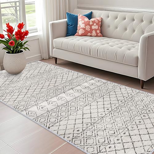 BYYVOO 4x10 Rug for Hallway - Washable Moroccan Runner Rugs Non Slip Pets Friendly Runner Low Pile Soft Indoor Floor Mat Front Door for Kitchen Bedroom Entryway Laundry 4x10 Geo Grey - Image 3