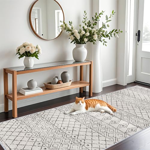 BYYVOO 4x10 Rug for Hallway - Washable Moroccan Runner Rugs Non Slip Pets Friendly Runner Low Pile Soft Indoor Floor Mat Front Door for Kitchen Bedroom Entryway Laundry 4x10 Geo Grey - Image 1