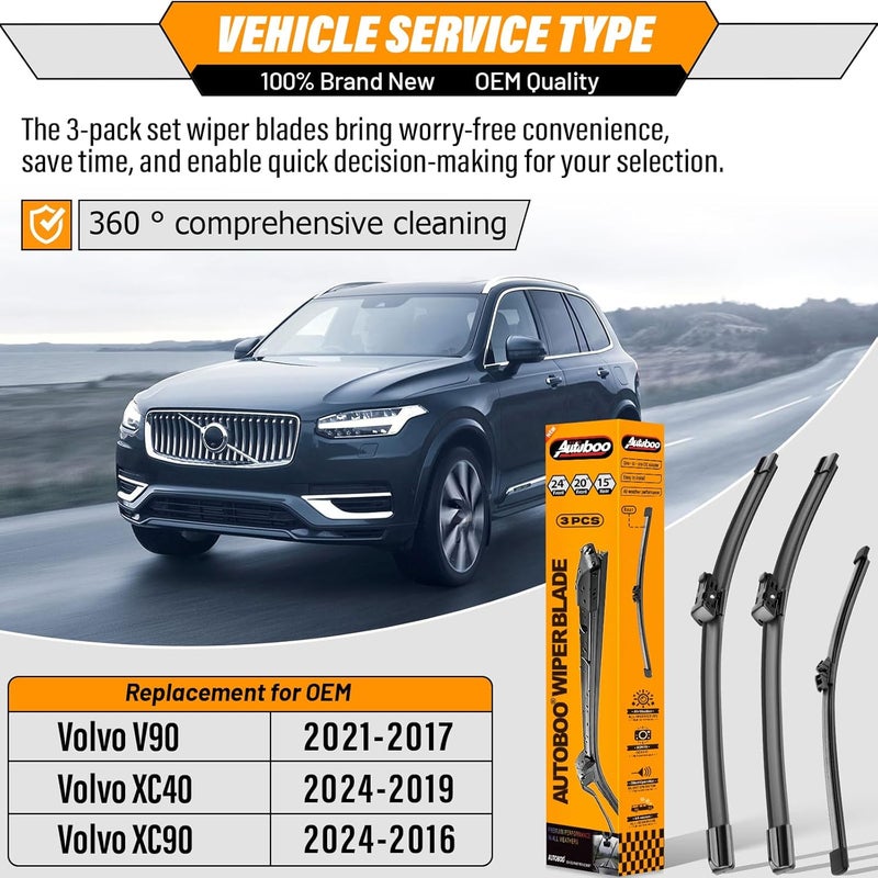 AUTOBOO 24"+20" Windshield Wipers with 15" Rear Wiper Blade Replacement for Volvo XC90 2016 2017 2018 2019 2020 2021 2022 -Original Factory Quality (Pack of 3) - Image 2