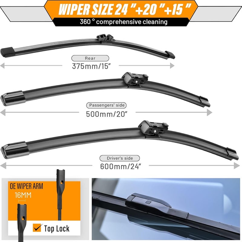 AUTOBOO 24"+20" Windshield Wipers with 15" Rear Wiper Blade Replacement for Volvo XC90 2016 2017 2018 2019 2020 2021 2022 -Original Factory Quality (Pack of 3) - Image 3