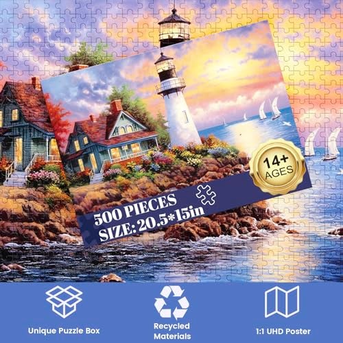 Edsjegn 500 Piece Puzzle for AdultsLighthouse Recycled Cardboar Jigsaw Puzzles 500 Pieces Challenging Family Activity Great Gift Idea for Family Friends Difficult Puzzles Size 205X 15 inches - Image 5