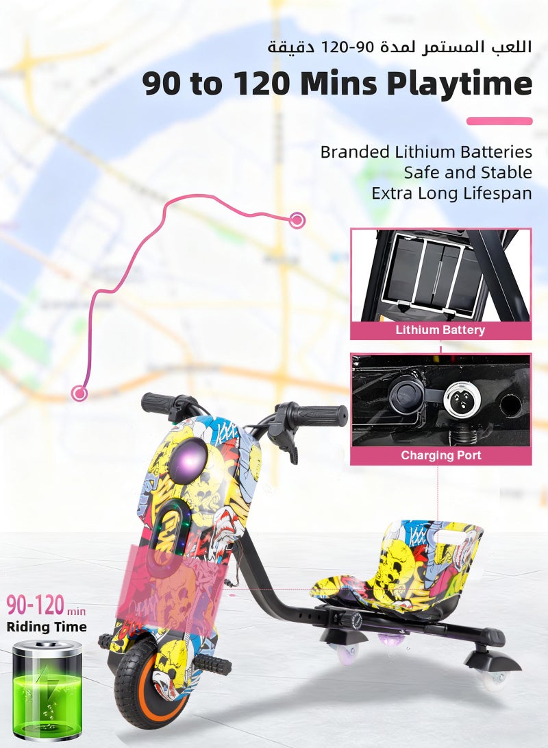 يو إل اتش واي سي سكوتر كهربائي، سكوتر دريفت كهربائي، سعة حمولة 100 كجم، تشغيل الموسيقى المخصصة الخاصة بك عبر البلوتوث، وضبط ثلاث سرعات، مزود بمصابيح LED وشاشة عرض الطاقة، مزود بثلاث عجلات، العجلة الخلفية مضاءة - Image 2