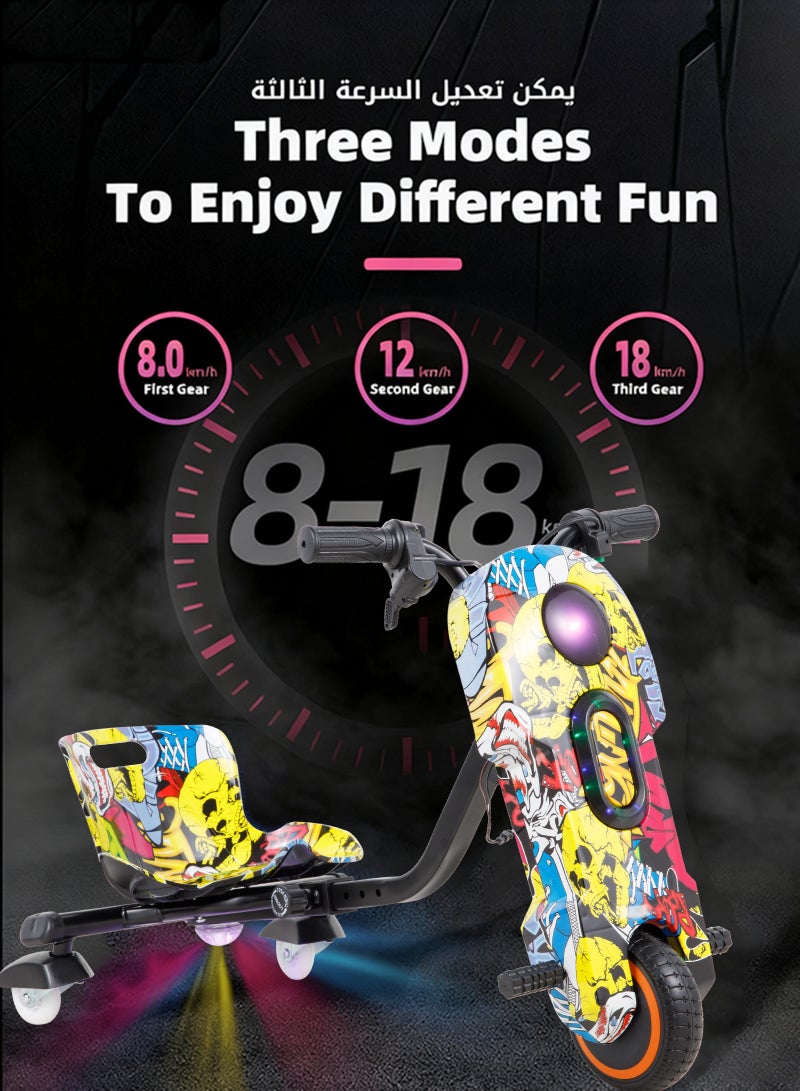 يو إل اتش واي سي سكوتر كهربائي، سكوتر دريفت كهربائي، سعة حمولة 100 كجم، تشغيل الموسيقى المخصصة الخاصة بك عبر البلوتوث، وضبط ثلاث سرعات، مزود بمصابيح LED وشاشة عرض الطاقة، مزود بثلاث عجلات، العجلة الخلفية مضاءة - Image 3