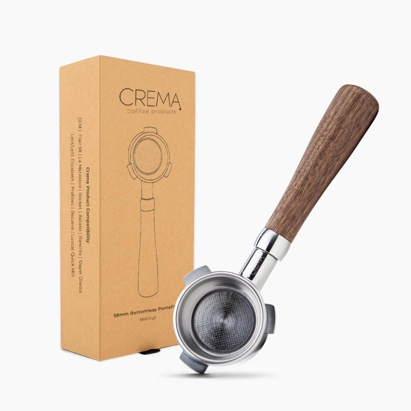 Crema Coffee Products 58mm Bottomless Naked Portafilter  Compatible with 58mm Breville Machines  Includes Double Shot Filter Basket  Walnut