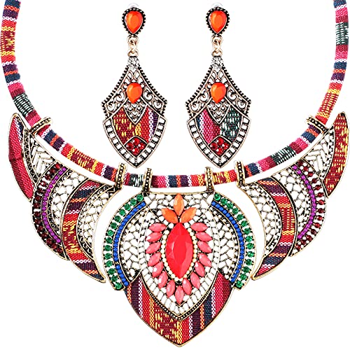 Junkin 2 Pieces African Jewelry Sets for Women Colorful Necklace Earring Set Costume Jewelry Boho Vintage Statement Choker Ethnic Style Bohemian Chunky Collar African Beaded Necklaces Dangle Earrings - Image 1