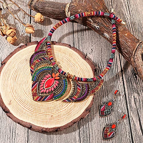 Junkin 2 Pieces African Jewelry Sets for Women Colorful Necklace Earring Set Costume Jewelry Boho Vintage Statement Choker Ethnic Style Bohemian Chunky Collar African Beaded Necklaces Dangle Earrings - Image 3