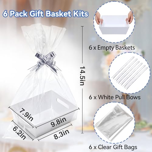 MADHOLLY 6 Set Baskets for Gifts Empty Sturdy Kraft Gift Basket Kit with Cellophane Wrap and Pull Bows for Wedding Baby Shower Birthday Gift Wrapping White - Image 3