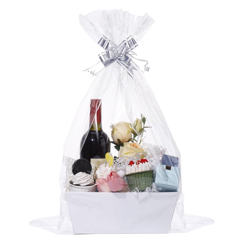 MADHOLLY 6 Set Baskets for Gifts Empty Sturdy Kraft Gift Basket Kit with Cellophane Wrap and Pull Bows for Wedding Baby Shower Birthday Gift Wrapping White - Image 2