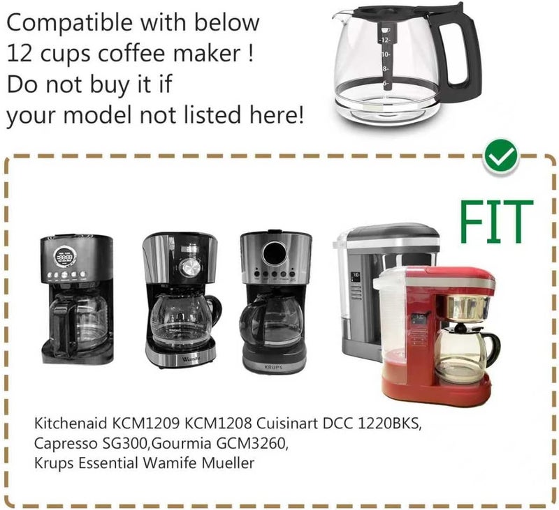 CUPALL Coffee Machine Glass Carafe, 12-Cup Replacement Coffee Pot, Compatible with KitchenAid KCM1209 KCM1208, Cuisinart DCC 1220BKS, Capresso SG300, Gourmia GCM3260, Krups Essential, Wamife Mueller - Image 2
