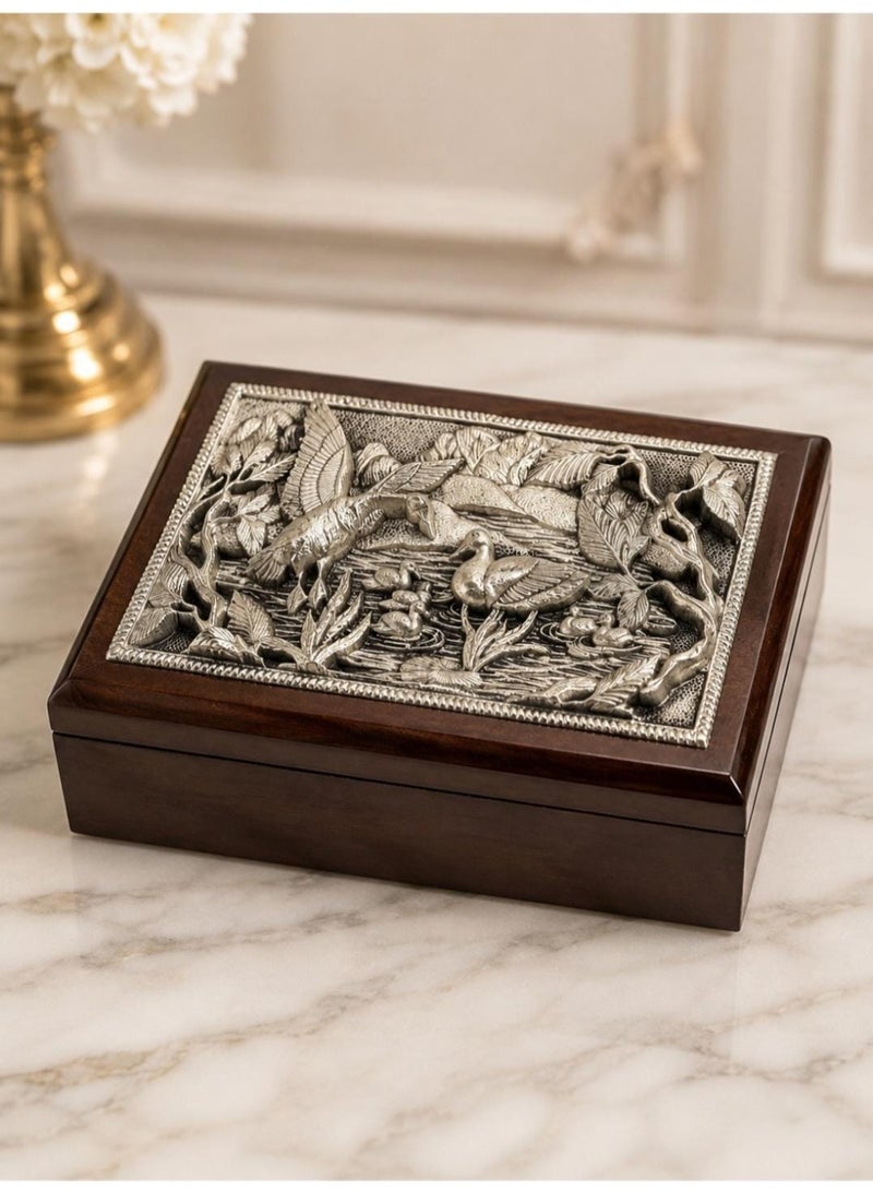 KHUSHBOO JEWELS 999 SILVER PLATED WOODEN HERITAGE BIRD & NATURE BOX (12.5*17.5*6.5CM) - Image 2