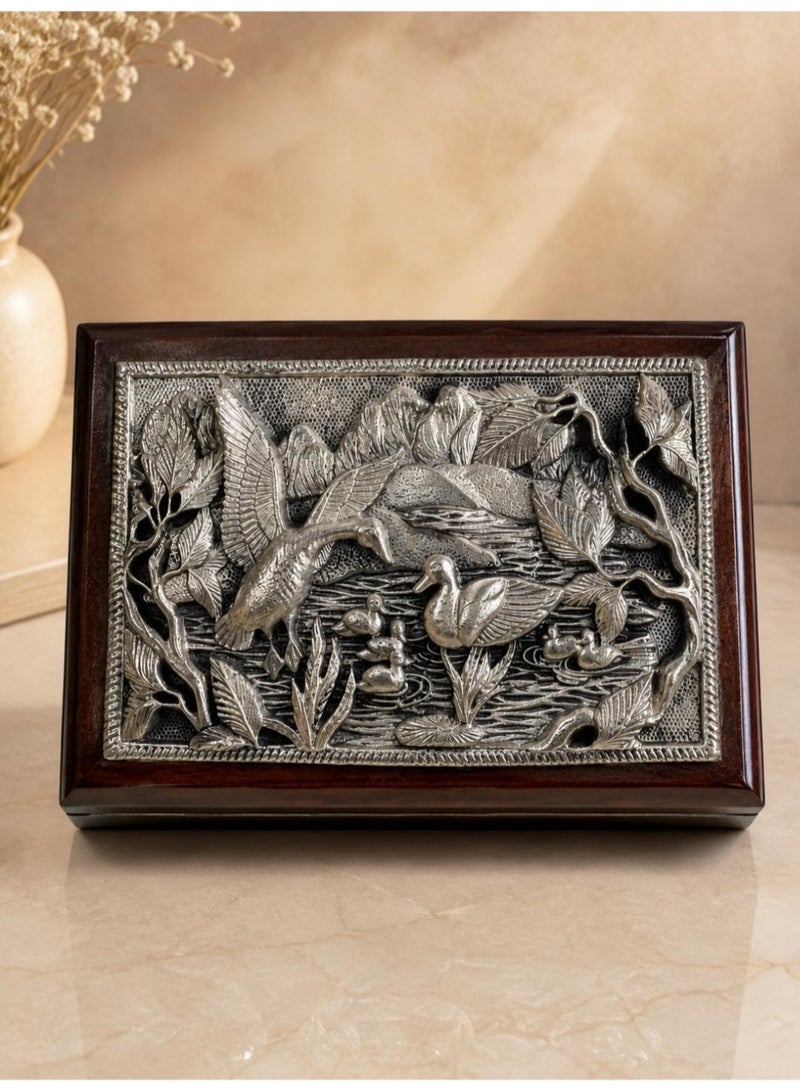 KHUSHBOO JEWELS 999 SILVER PLATED WOODEN HERITAGE BIRD & NATURE BOX (12.5*17.5*6.5CM) - Image 1
