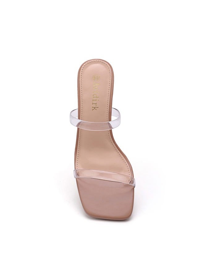 Avidirk Women's Square Open Toe Heeled Sandals Two Strap Mules Slip On Block Chunky Mid Heels Sandals, Clear, 8 - Image 2