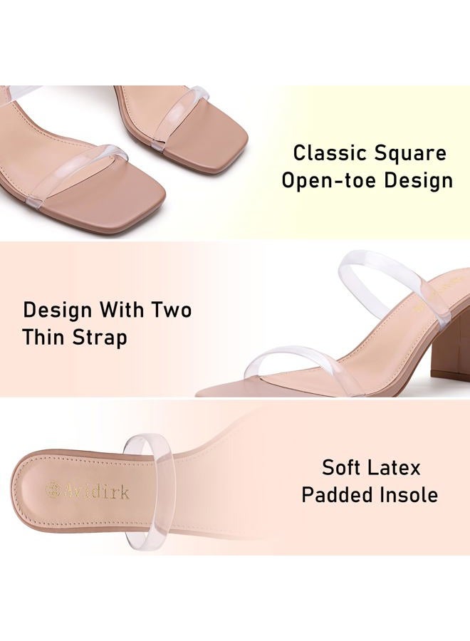 Avidirk Women's Square Open Toe Heeled Sandals Two Strap Mules Slip On Block Chunky Mid Heels Sandals, Clear, 8 - Image 5