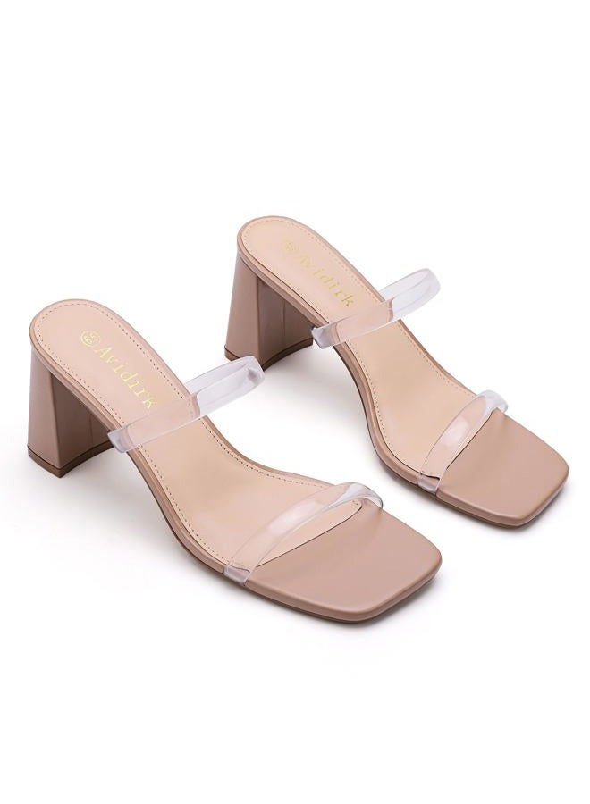 Avidirk Women's Square Open Toe Heeled Sandals Two Strap Mules Slip On Block Chunky Mid Heels Sandals, Clear, 8 - Image 3