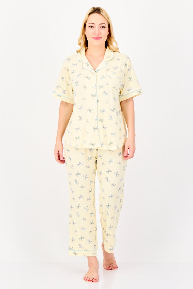 PJ Couture Women 2 Pieces Allover Print Short Sleeve Pajama Top And Bottom Set, Multicolor - Image 1