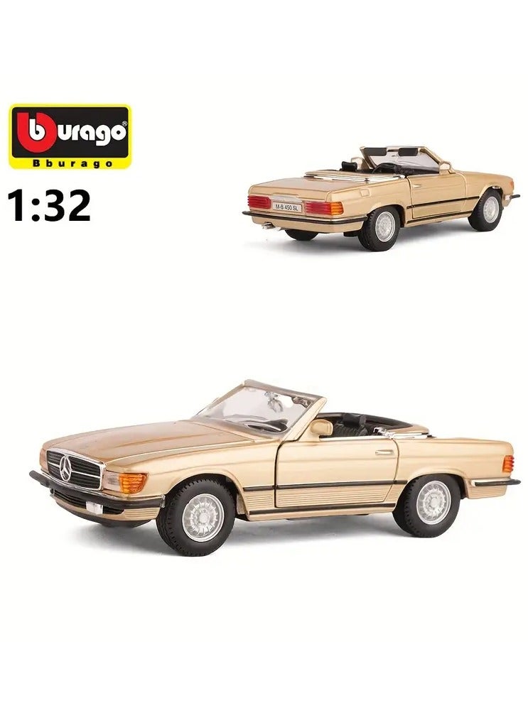 بوراجو سياره لعبة نموذج لسيارة مرسيدس بنز 450SL موديل 1977 معدنية لون ذهبي كشف بدون سقف محاكاة الحقيقة مقاس 1/32 سيارة كلاسيكية جميلة المظهر مفيده للعب او الاقتناء او زينة الغرفة او المكتب او وضعها ديكور على رفوف خزانة عرض التحف او على رف في بيت الشعر او يستخدمها بعض المحترفين في التصوير للأعلانات او الخلفيات او في بعض الافلام او اضافتها داخل مجسمات المنازل القديمة او الشعبيه لنوع من اضافة الديكور علي مجسم تراث الذكريات القديمه - Image 1
