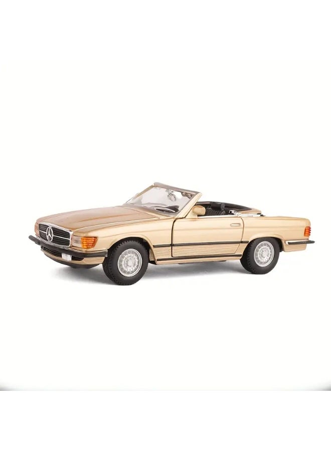 بوراجو سياره لعبة نموذج لسيارة مرسيدس بنز 450SL موديل 1977 معدنية لون ذهبي كشف بدون سقف محاكاة الحقيقة مقاس 1/32 سيارة كلاسيكية جميلة المظهر مفيده للعب او الاقتناء او زينة الغرفة او المكتب او وضعها ديكور على رفوف خزانة عرض التحف او على رف في بيت الشعر او يستخدمها بعض المحترفين في التصوير للأعلانات او الخلفيات او في بعض الافلام او اضافتها داخل مجسمات المنازل القديمة او الشعبيه لنوع من اضافة الديكور علي مجسم تراث الذكريات القديمه - Image 2
