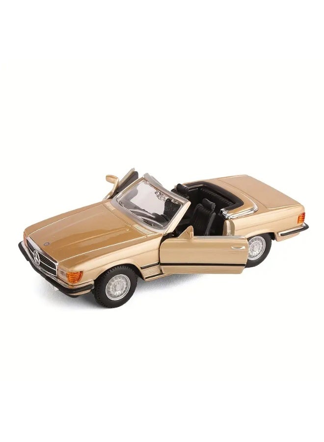 بوراجو سياره لعبة نموذج لسيارة مرسيدس بنز 450SL موديل 1977 معدنية لون ذهبي كشف بدون سقف محاكاة الحقيقة مقاس 1/32 سيارة كلاسيكية جميلة المظهر مفيده للعب او الاقتناء او زينة الغرفة او المكتب او وضعها ديكور على رفوف خزانة عرض التحف او على رف في بيت الشعر او يستخدمها بعض المحترفين في التصوير للأعلانات او الخلفيات او في بعض الافلام او اضافتها داخل مجسمات المنازل القديمة او الشعبيه لنوع من اضافة الديكور علي مجسم تراث الذكريات القديمه - Image 5